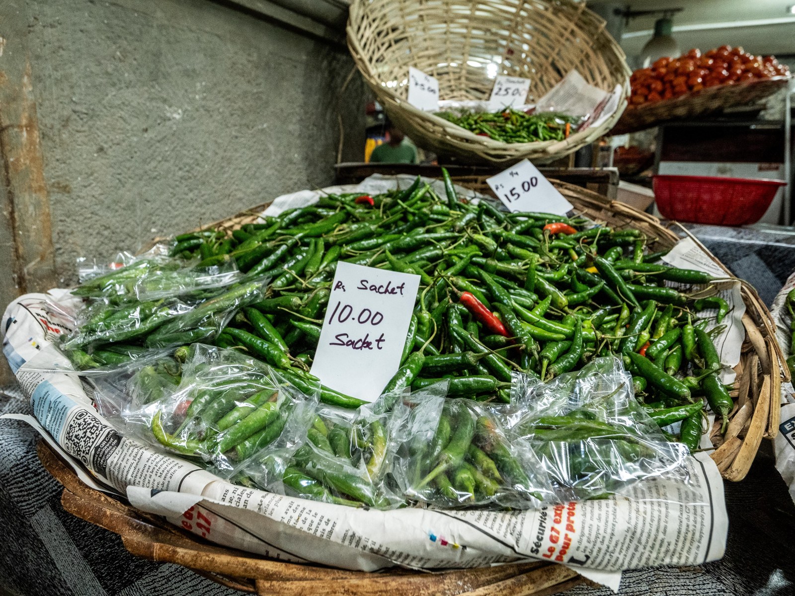 Green chillies for sale in Port Louis Central Market.